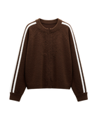 brown knit ip up sweater with white stripe down arms