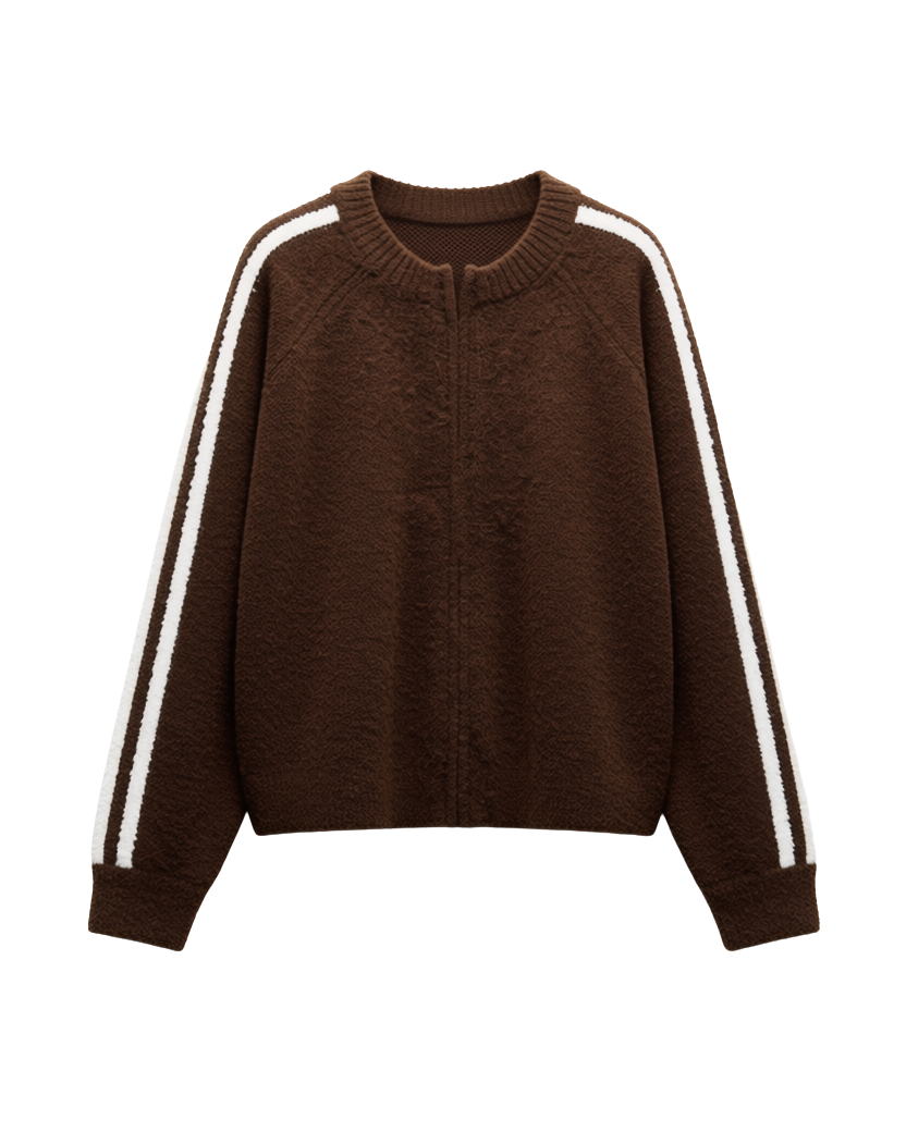 brown knit ip up sweater with white stripe down arms