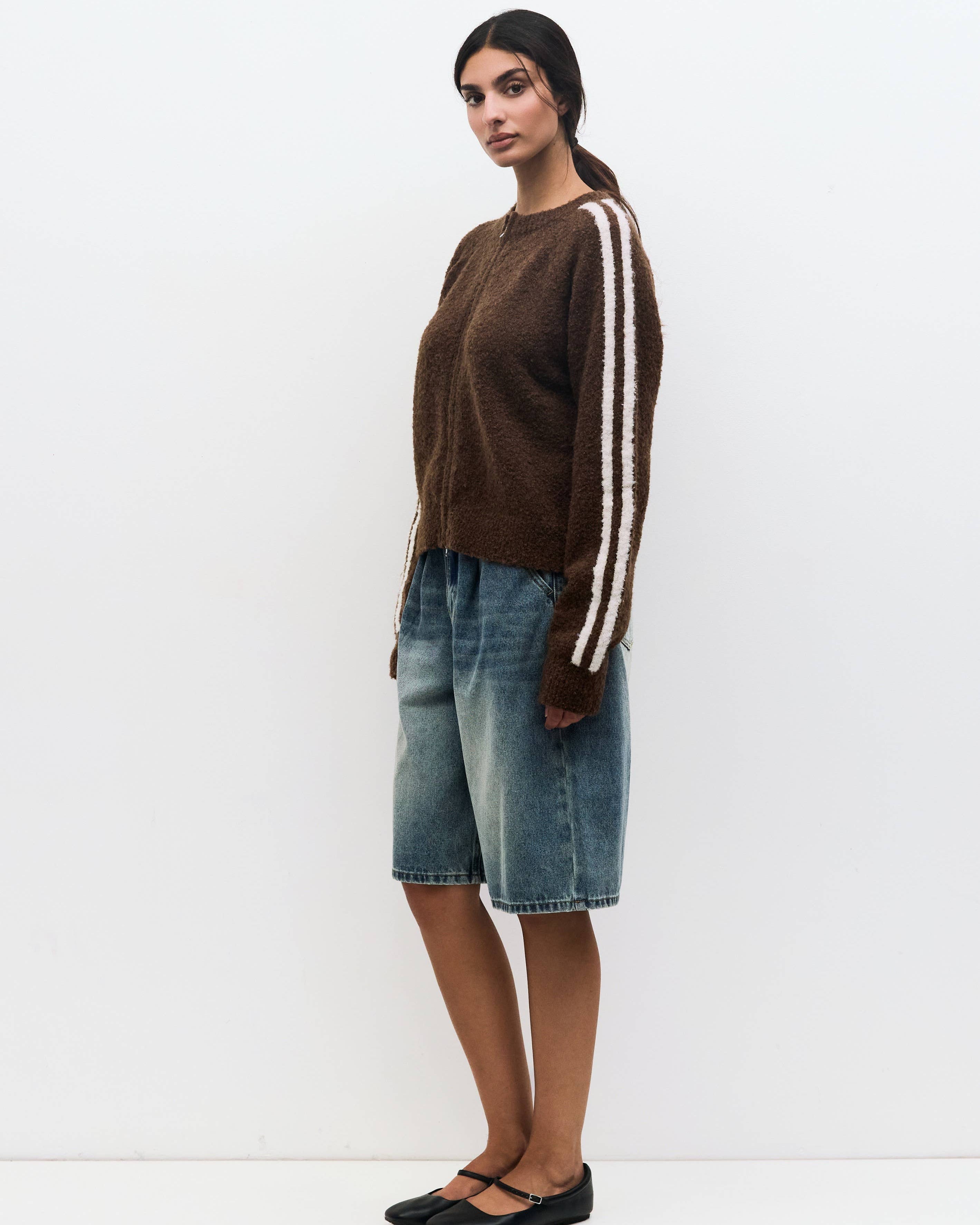 brown knit ip up sweater with white stripe down arms