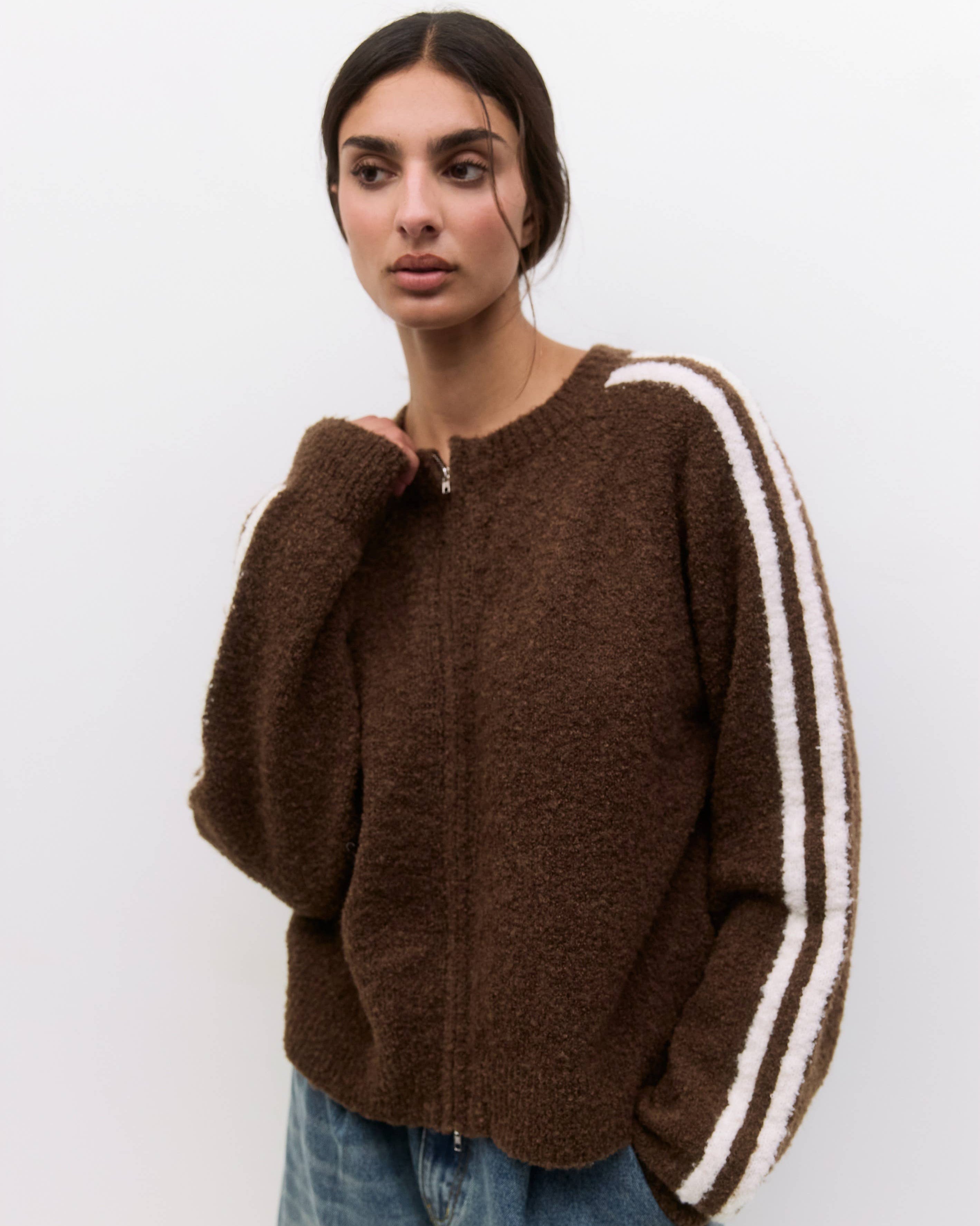 brown knit ip up sweater with white stripe down arms