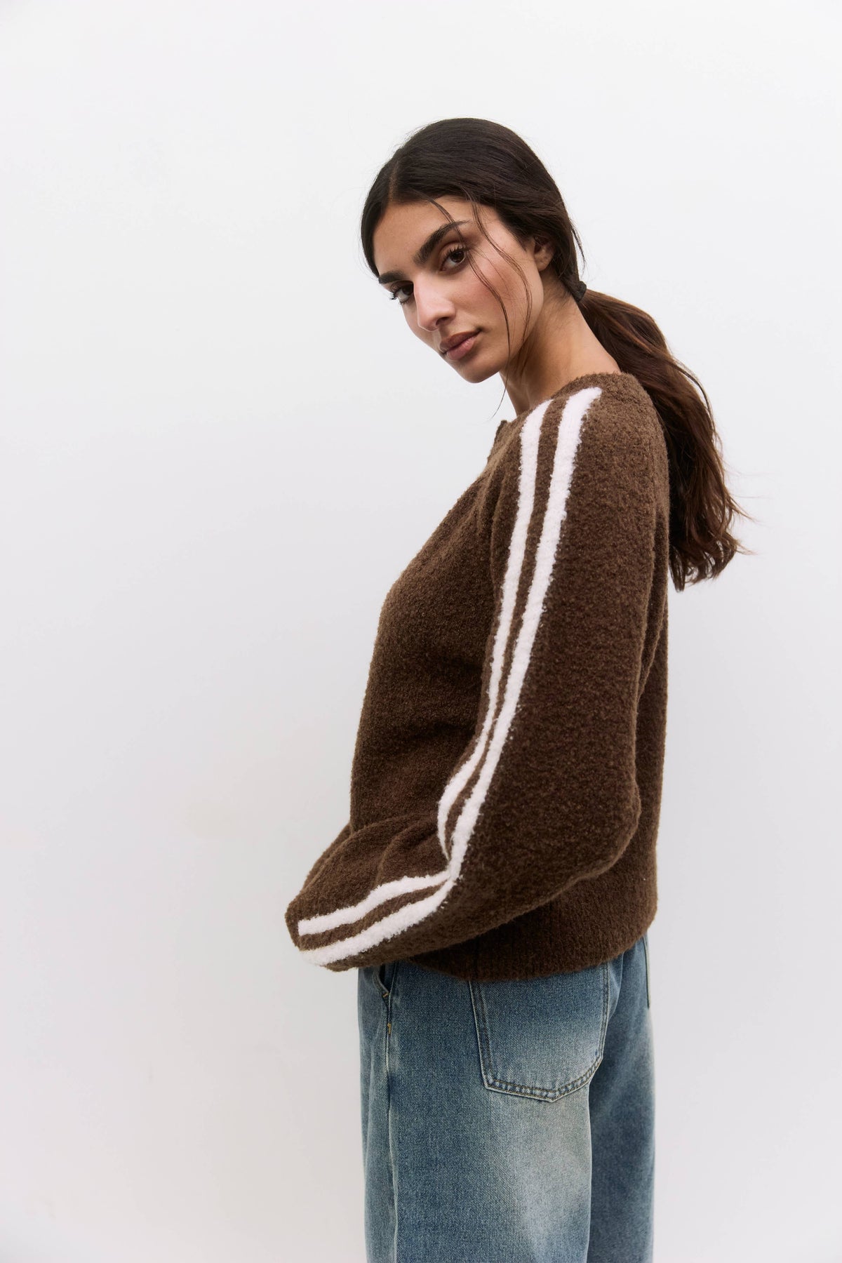 brown knit ip up sweater with white stripe down arms