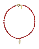 red beaded necklace with white fish pendant