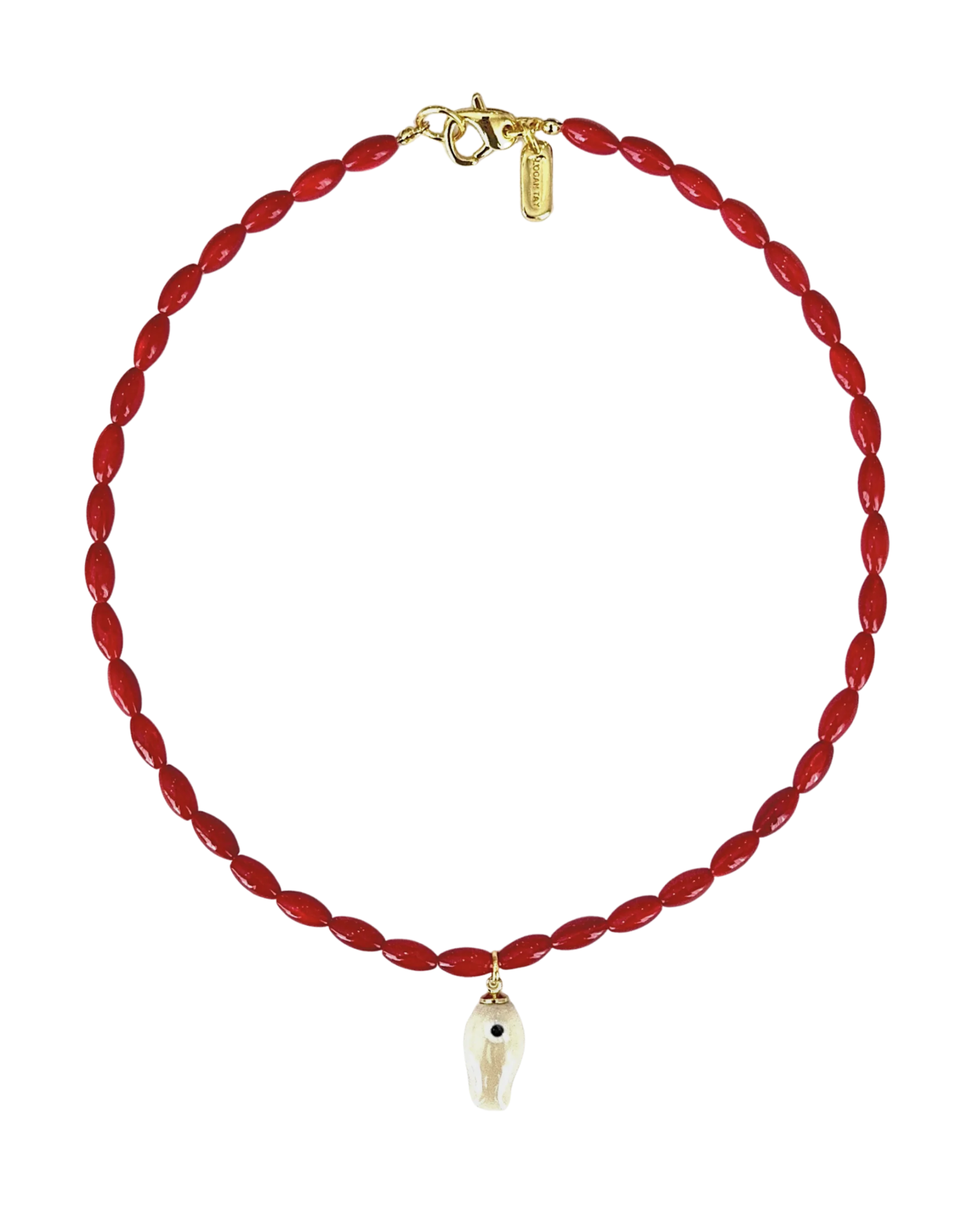 red beaded necklace with white fish pendant