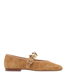 brown suede flats with gold jewels on strap