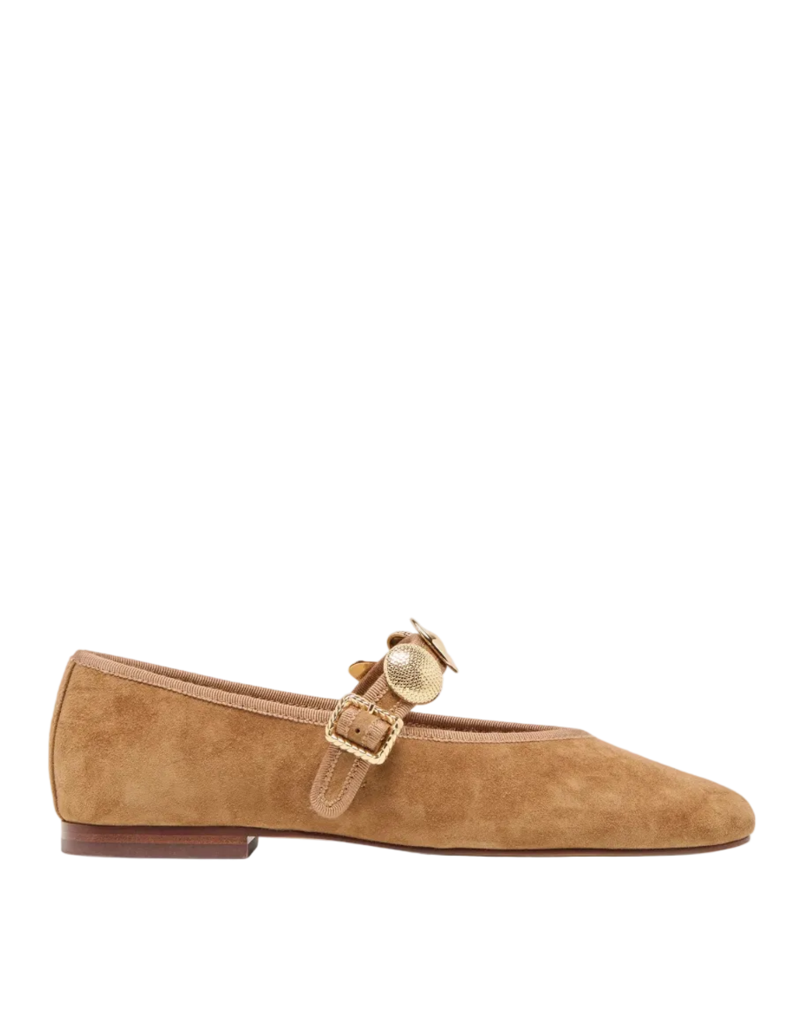 brown suede flats with gold jewels on strap