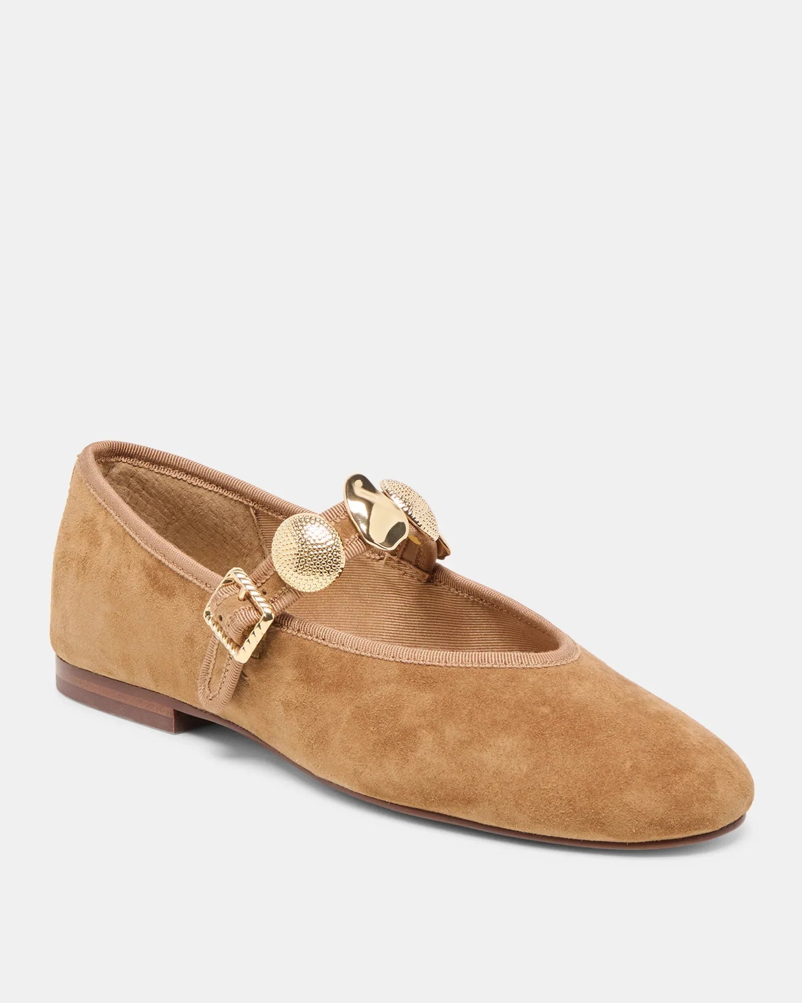 brown suede flats with gold jewels on strap