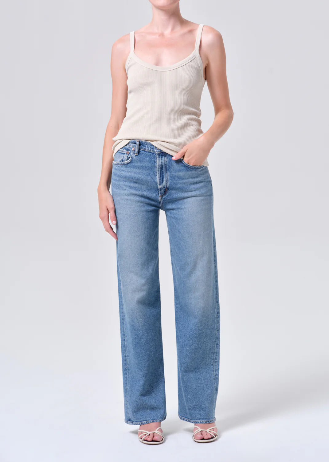 high rise wide leg denim pant in a medium wash