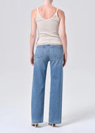 high rise wide leg denim pant in a medium wash