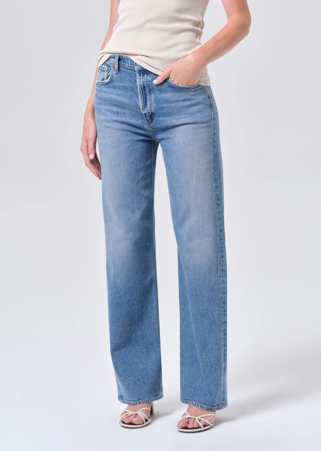 high rise wide leg denim pant in a medium wash