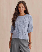short sleeve cable knit sweater in blue