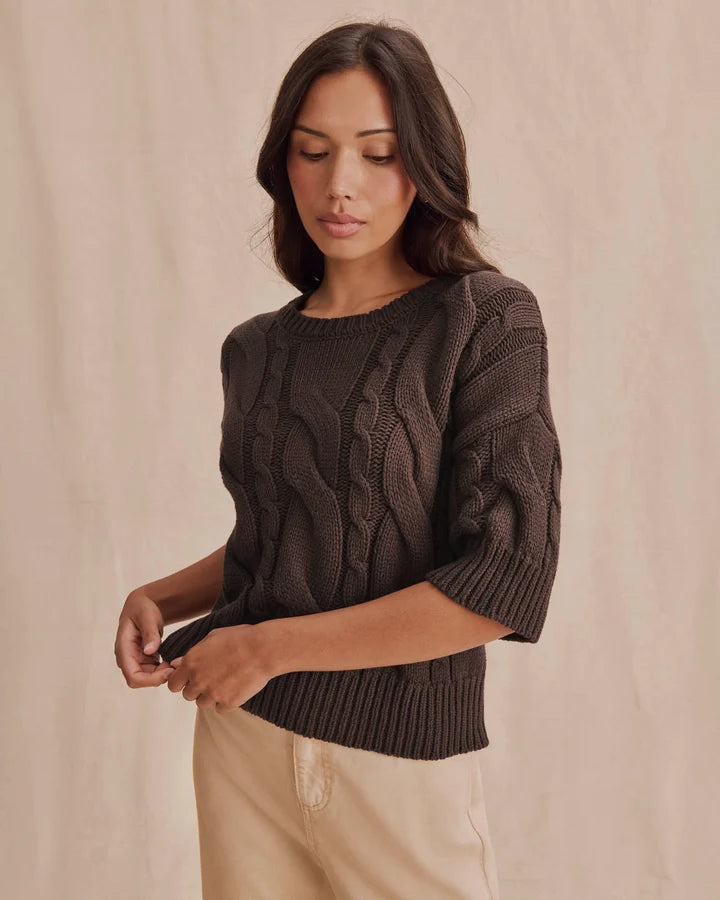 short sleeve brown cable knit sweater