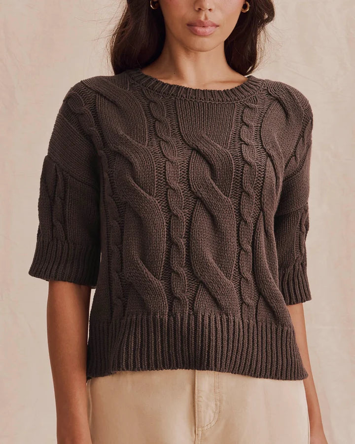 short sleeve brown cable knit sweater