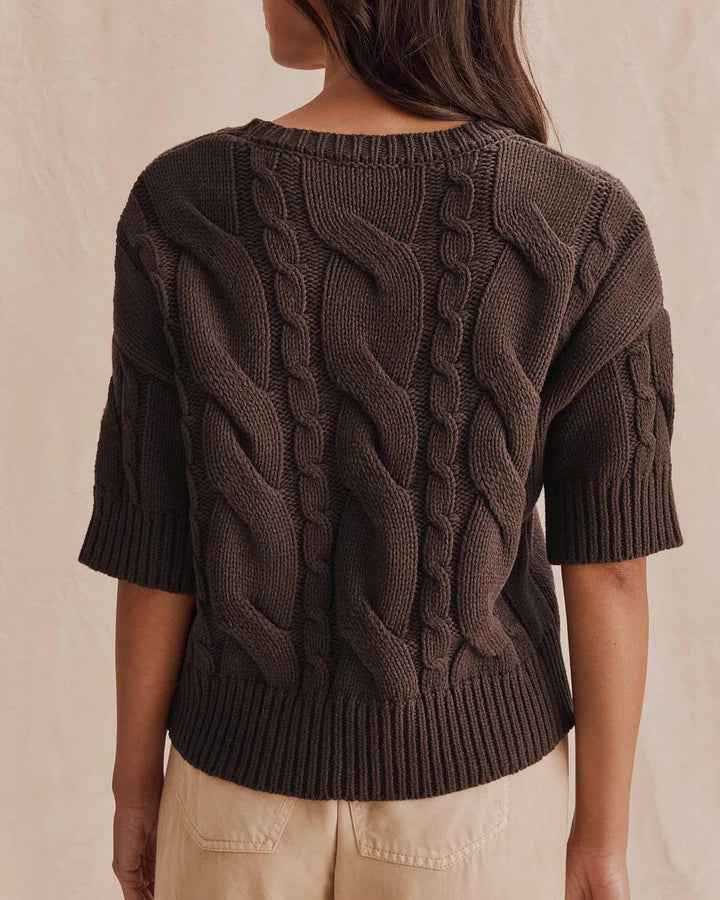 short sleeve brown cable knit sweater