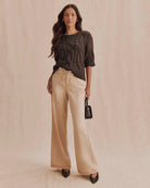 short sleeve brown cable knit sweater