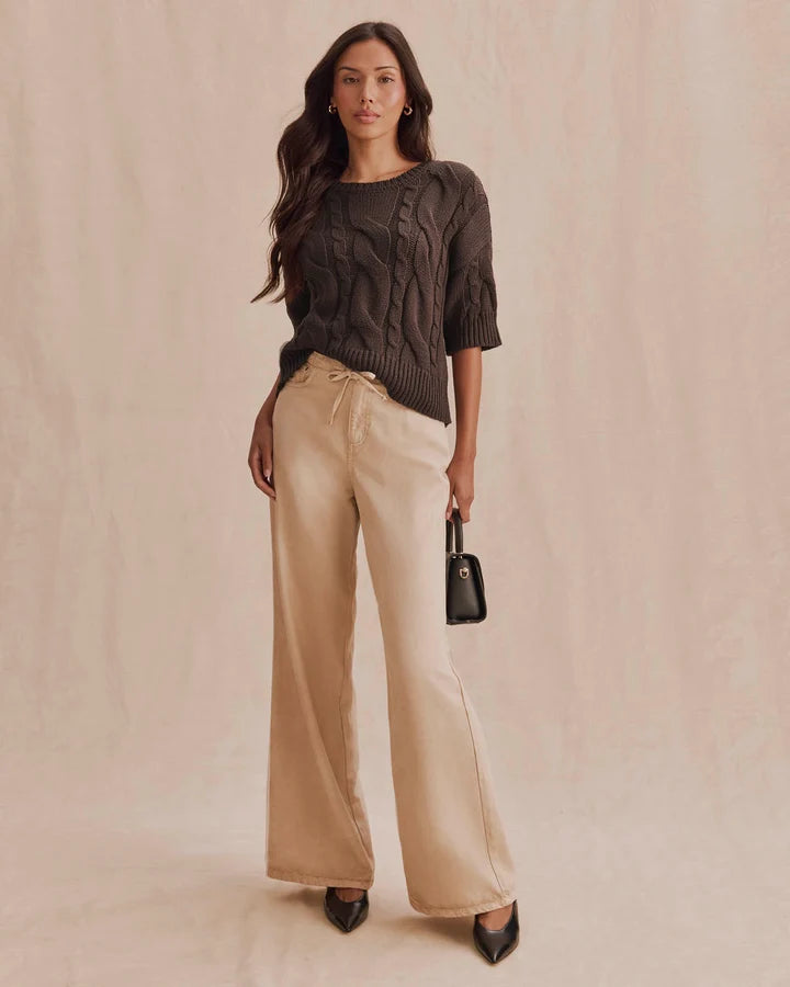 short sleeve brown cable knit sweater