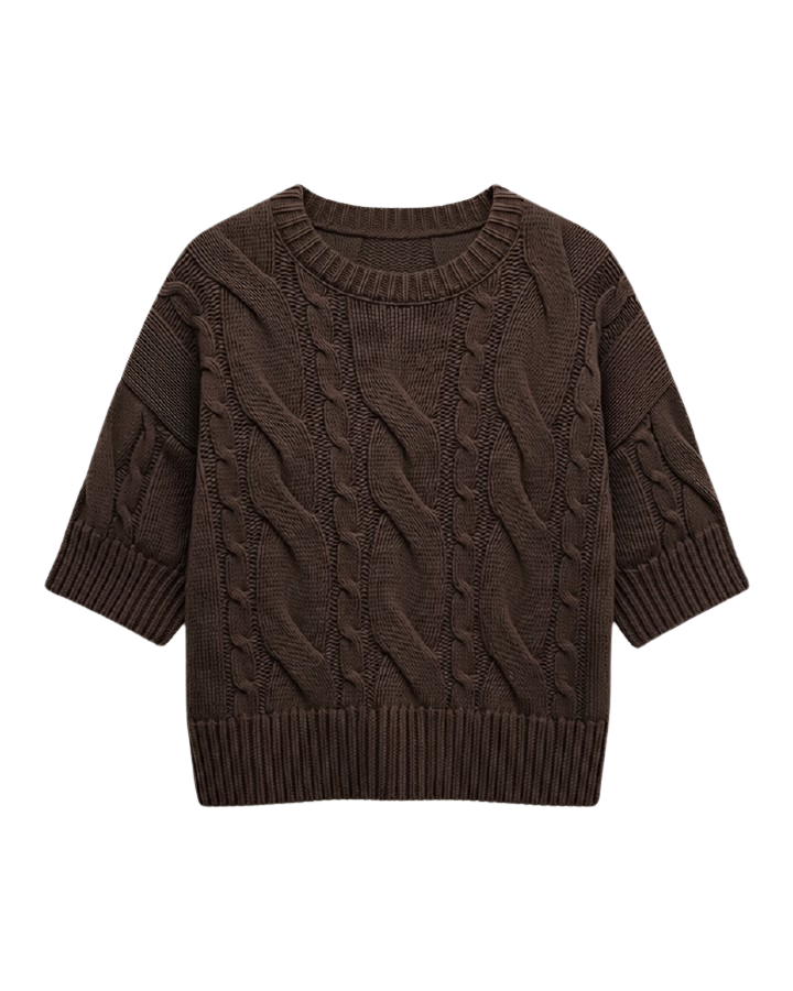 short sleeve brown cable knit sweater