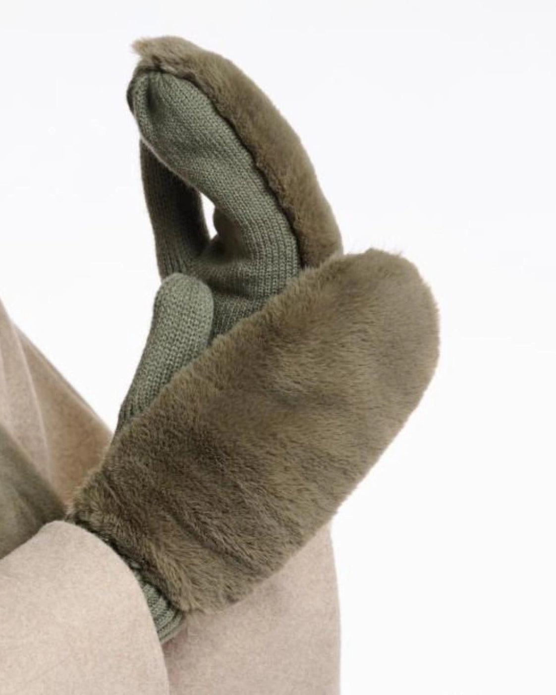 a pair of green faux fur and knit mitten gloves