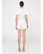 white shorts with light grey pin stripe