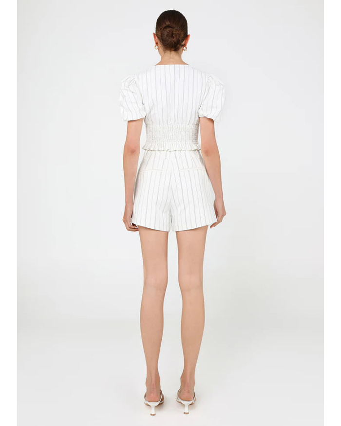 white shorts with light grey pin stripe