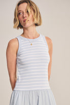 blue midi dress with a striped top and flowy bottom