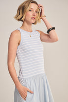 blue midi dress with a striped top and flowy bottom