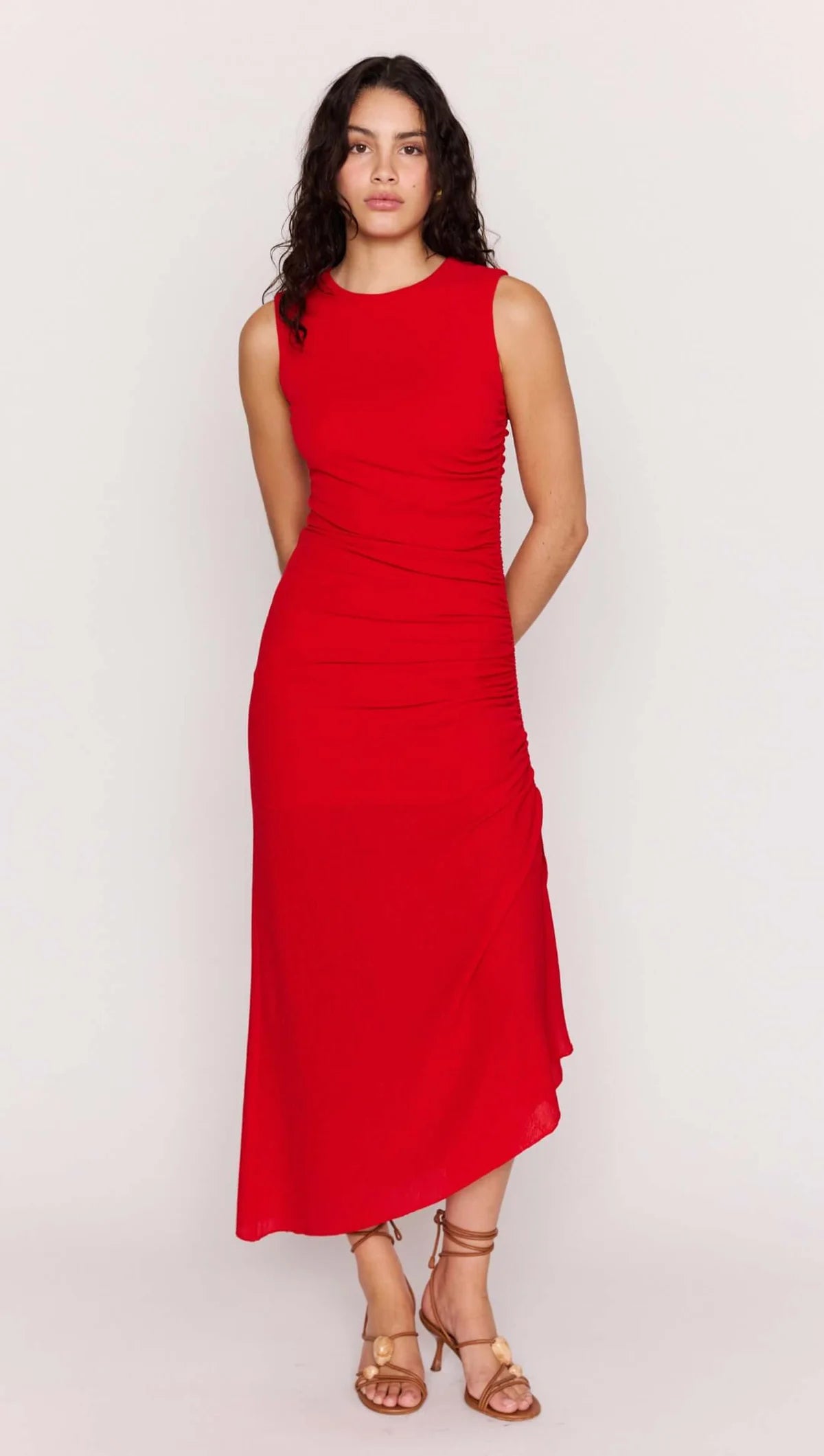 midi red sleeveless dress