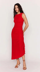 midi red sleeveless dress