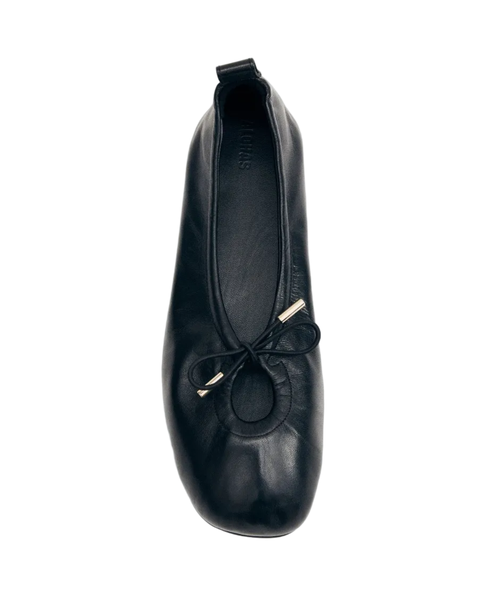 black leather ballet flats with a cut out and bow