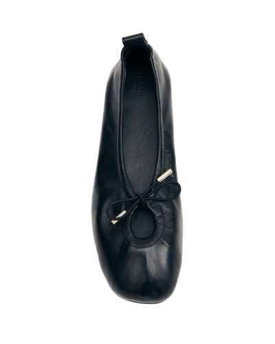 black leather ballet flats with a cut out and bow