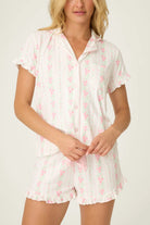 pj short in white with pink flowers