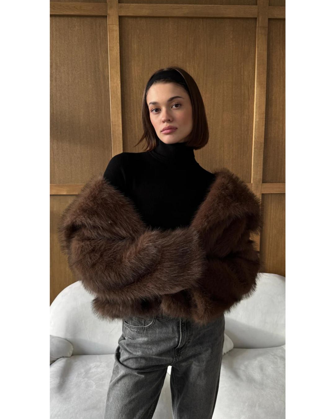 faux fur coat in brown