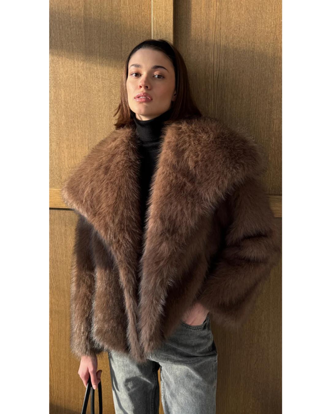 faux fur coat in brown