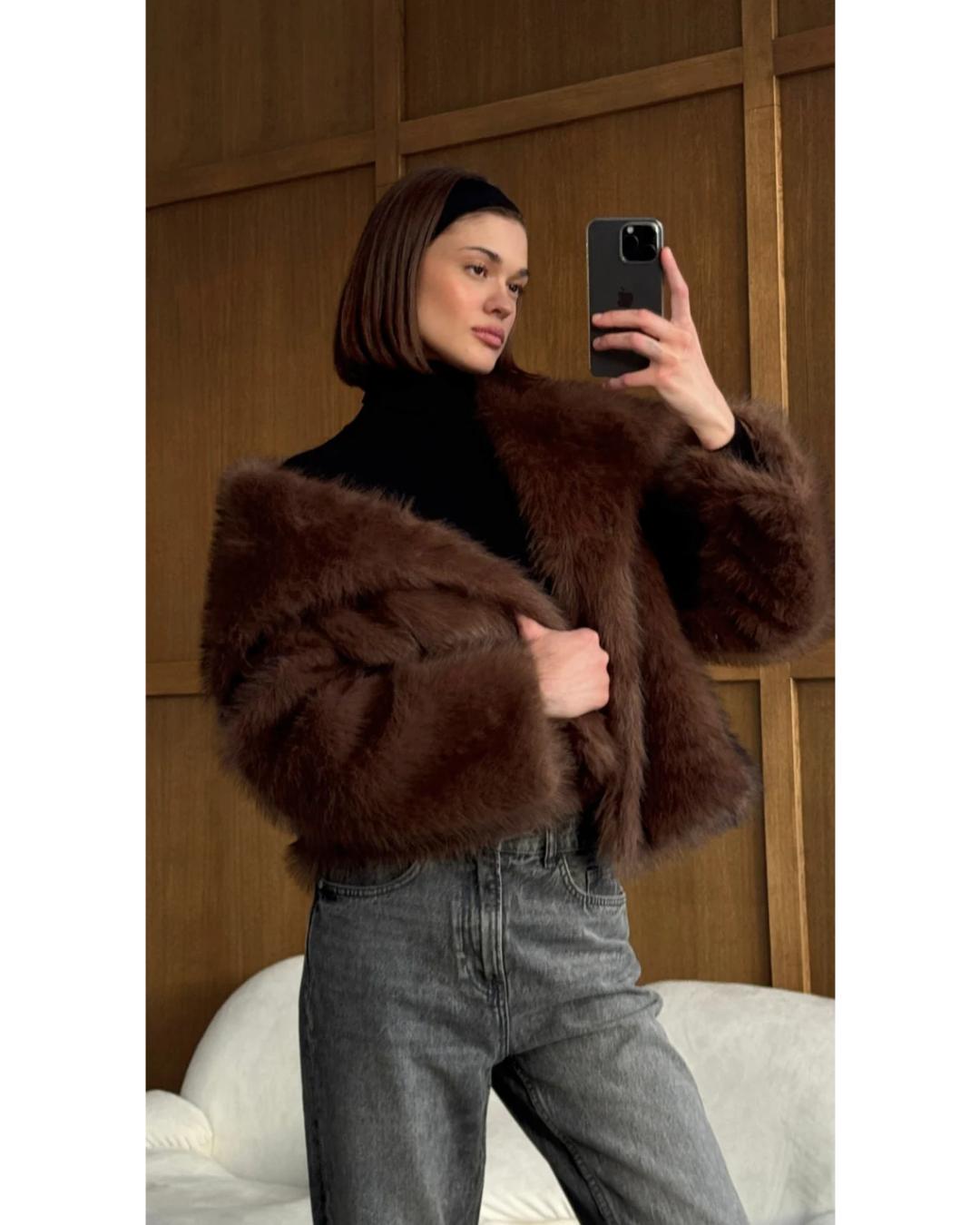 faux fur coat in brown