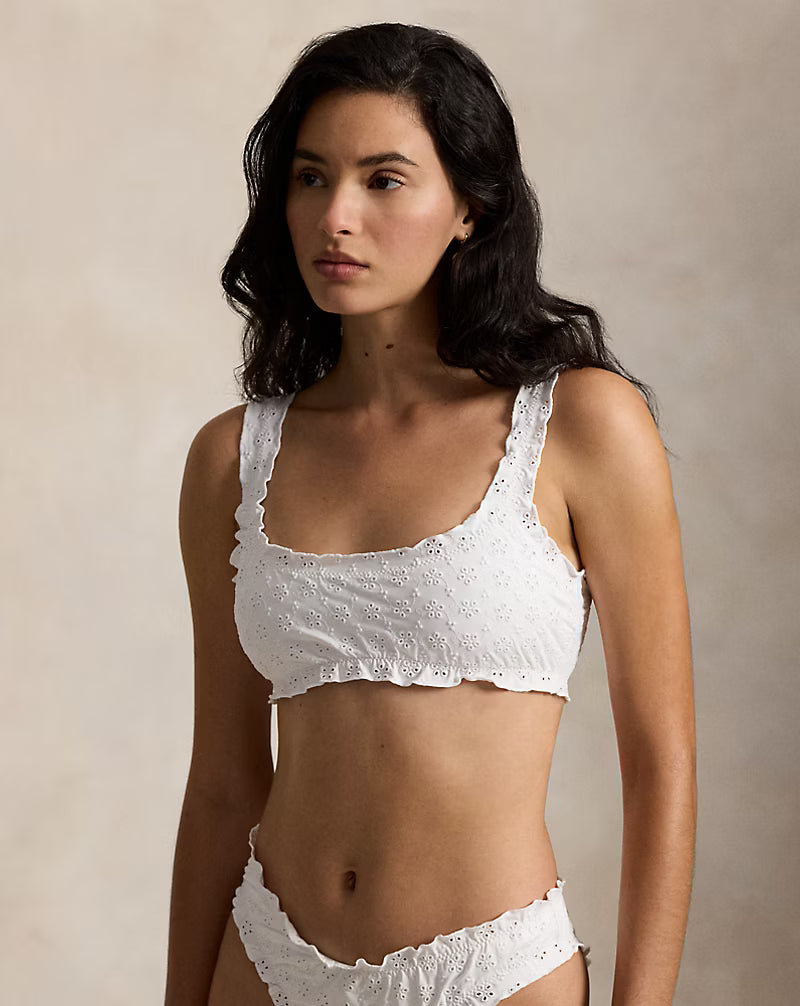 white eyelet ruffle bikini top