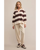 brown and cream v-neck polo long sleeve