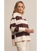 brown and cream v-neck polo long sleeve