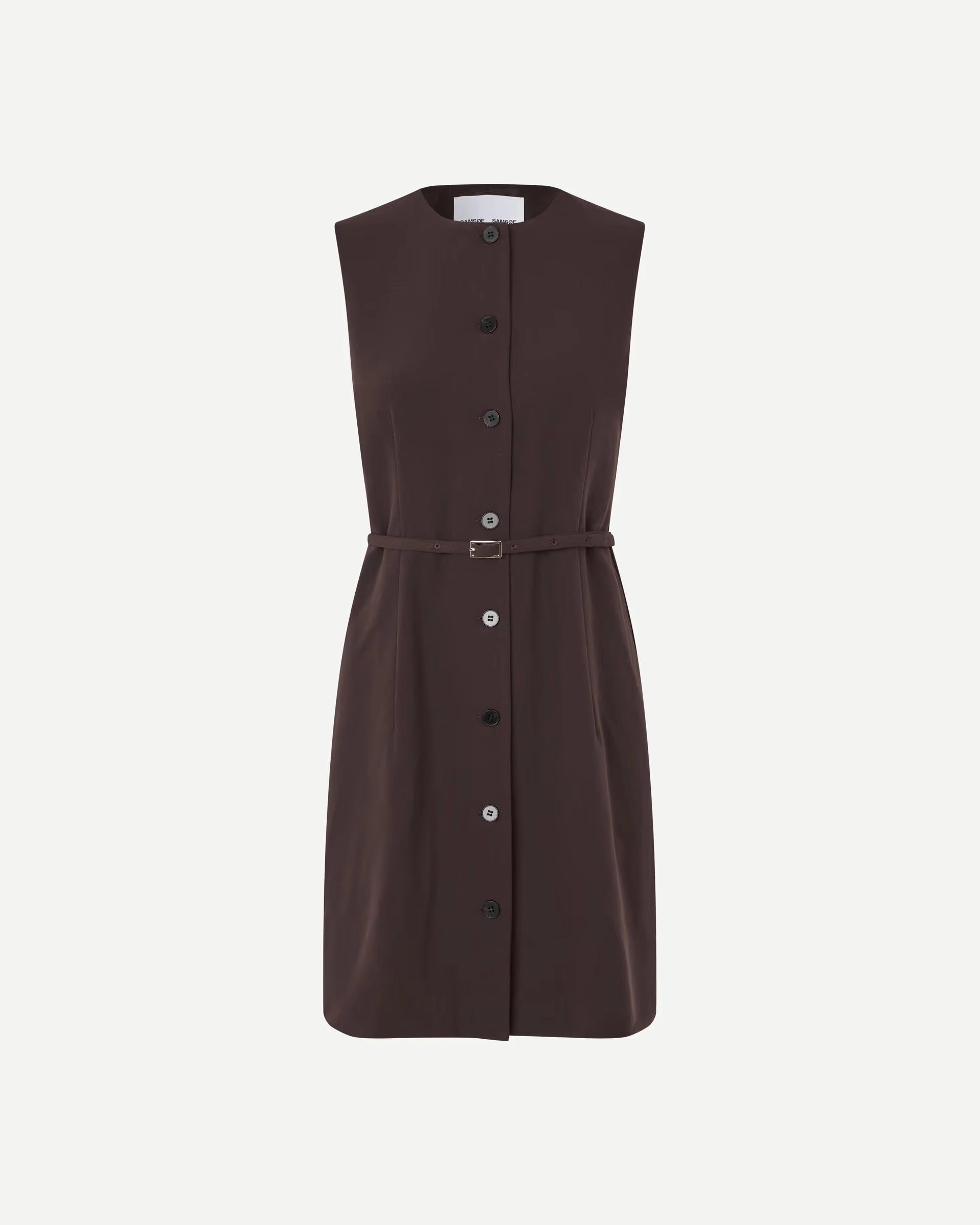 A brown sleeveless button down dress with a belt