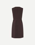 A brown sleeveless button down dress with a belt