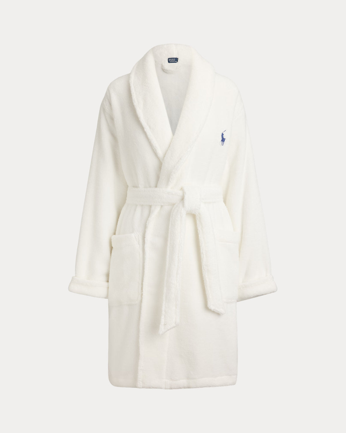 a short cotton terry bathrobe with the polo ralph lauren logo on the chest and a large bear embroidered on the back