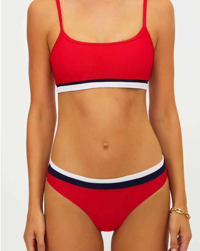 red bikini bottoms with a white and navy stripe on the top
