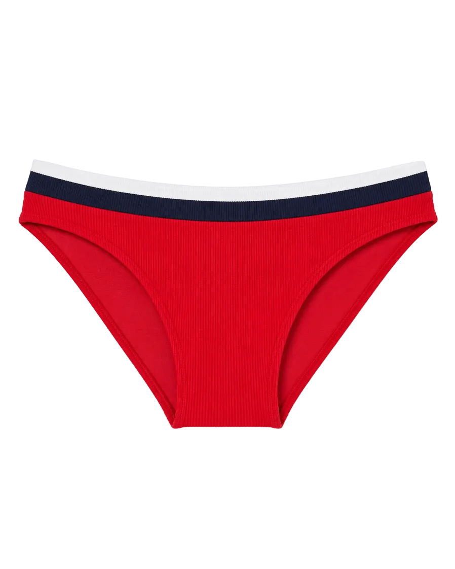 red bikini bottoms with a white and navy stripe on the top