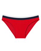 red bikini bottoms with a white and navy stripe on the top