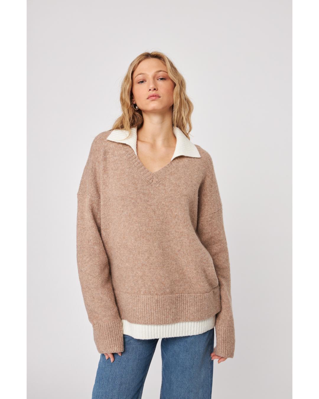 knit beige v-neck sweater with cream collar
