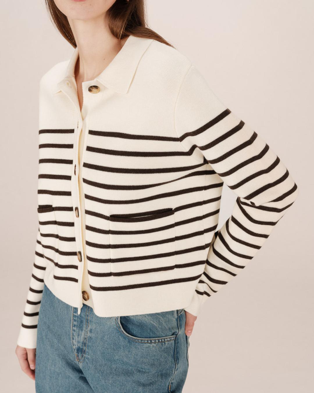 cream and black stripe cardigan with collar
