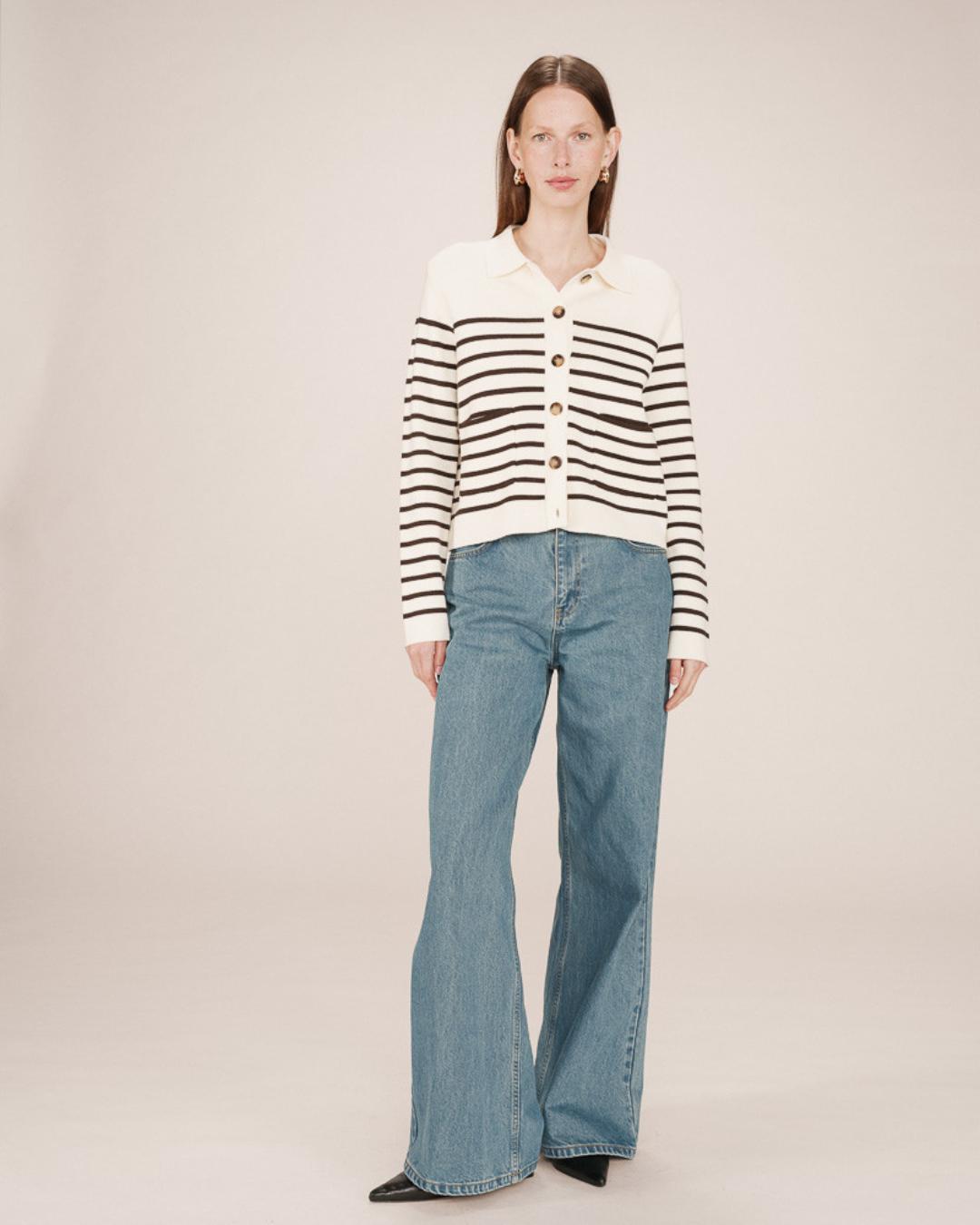 cream and black stripe cardigan with collar