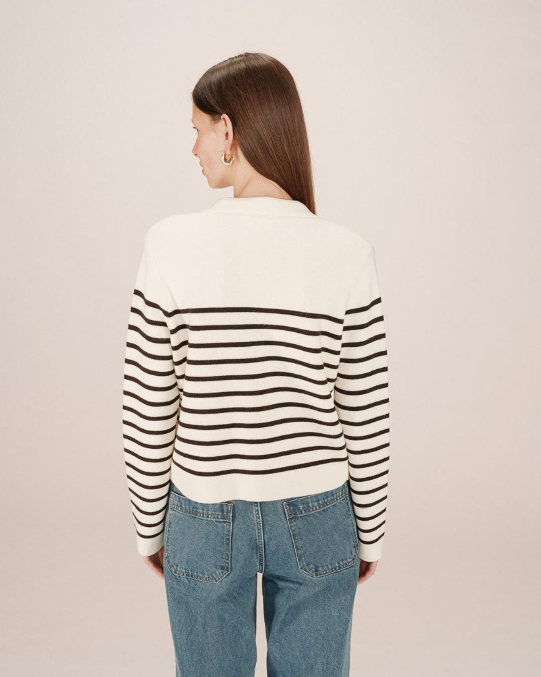 cream and black stripe cardigan with collar