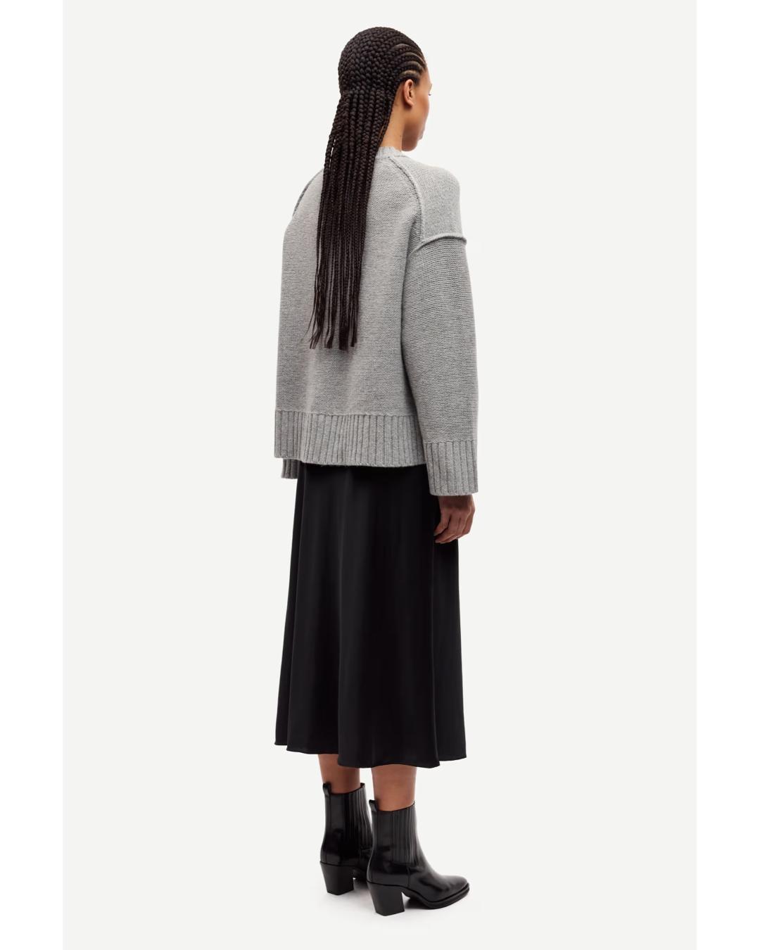 grey knit sweater with samsoe written in red