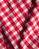 red and white gingham bikini top with white crochet trim