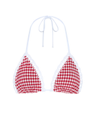 red and white gingham bikini top with white crochet trim