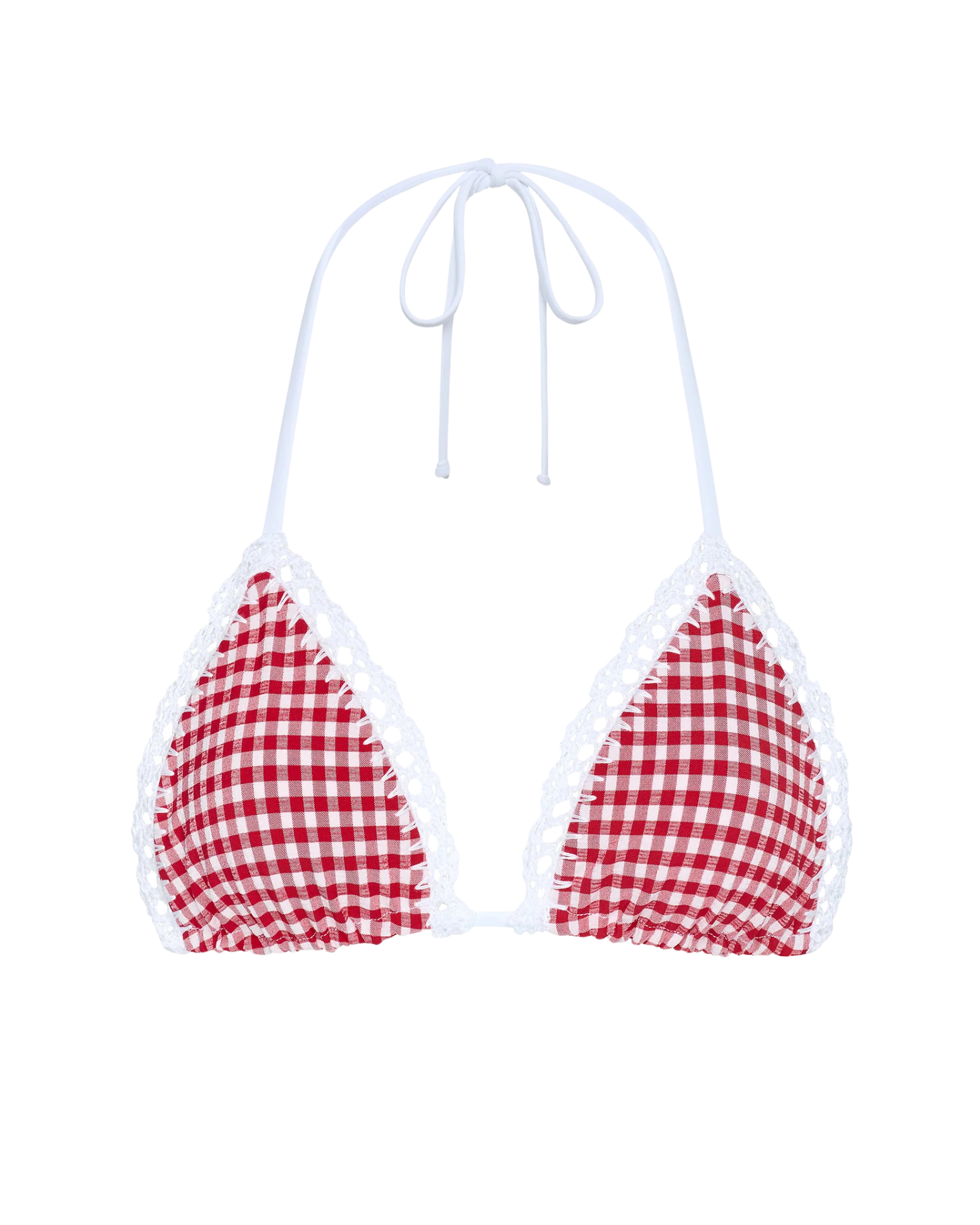red and white gingham bikini top with white crochet trim